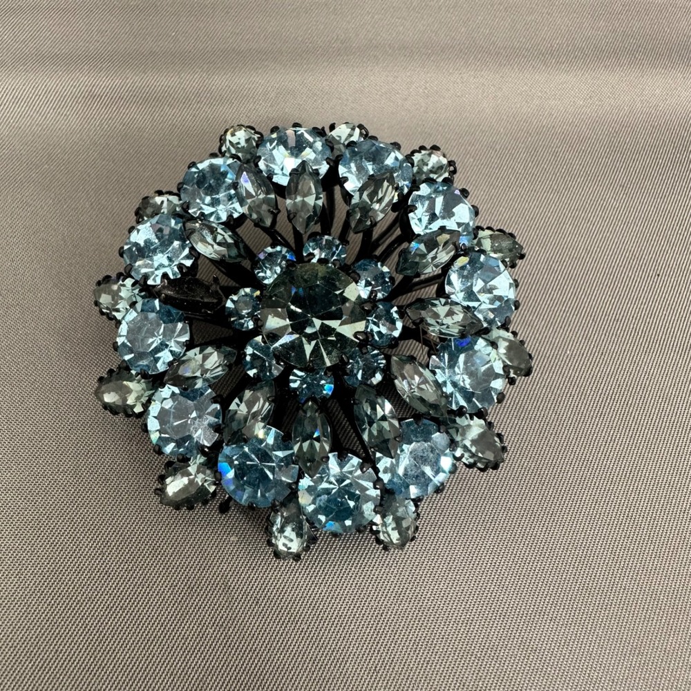 Vintage 1950 Austria Signed Statement Blue Crystal Flower Brooch Black Japanned